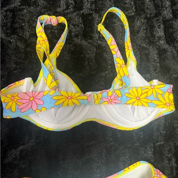 Floral Daisy Bikini One-Piece for Kids - Yellow & Pink Flowers on Blue - Picture 5 of 7